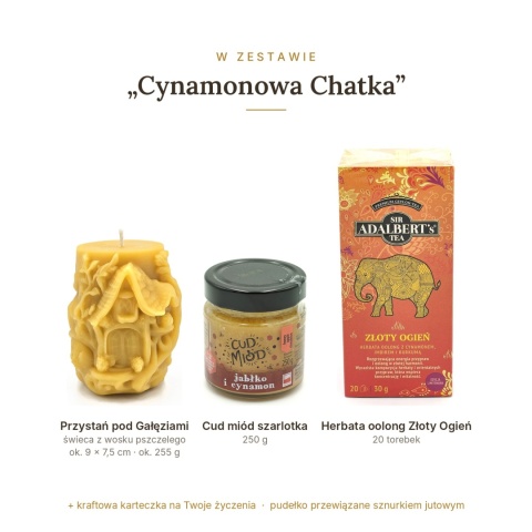 Cynamonowa Chatka - zestaw: świeca domek, Cud miód i herbata
