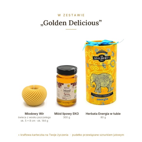 Golden Delicious - zestaw: świeca spirala, miód EKO, herbata w tubie