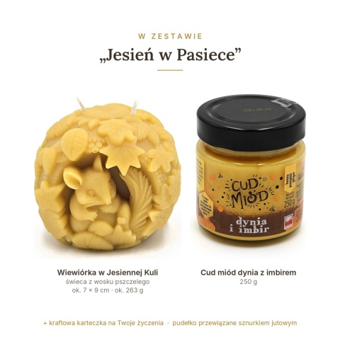 Jesień w Pasiece - zestaw: świeca wiewiórka w kuli i Cud miód