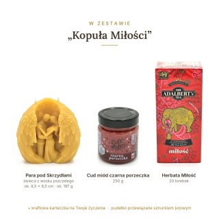 Kopuła Miłości - zestaw: świeca para pod skrzydłami, Cud miód, herbata
