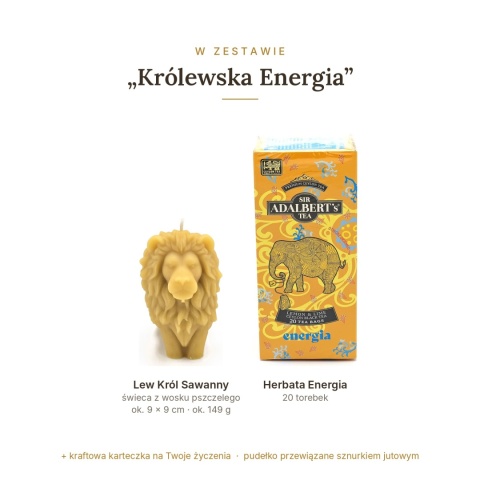 Królewska Energia - zestaw: świeca lew i herbata o smaku cytryny