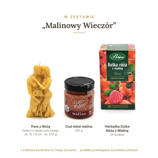 Malinowy Wieczór - zestaw: świeca para z różą, Cud miód, herbatka