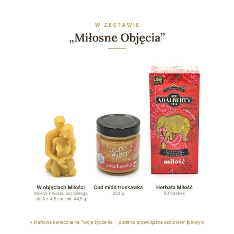 Miłosne Objęcia - zestaw: świeca zakochani, Cud miód, herbata