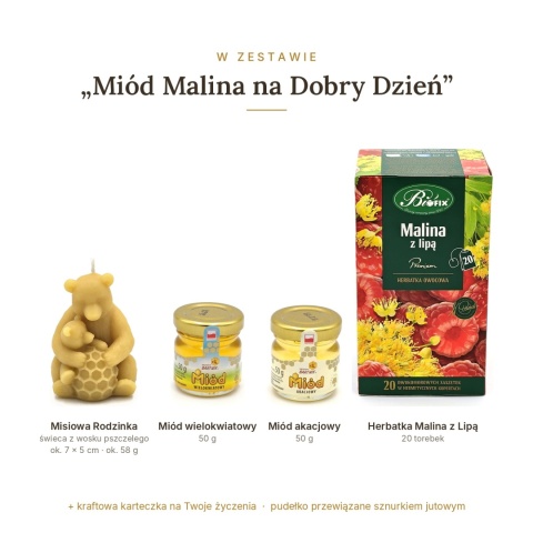 Miód Malina na Dobry Dzień - zestaw: świeca miś, 2 miody, herbatka
