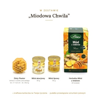 Miodowa Chwila - zestaw: świeca plaster miodu, 2 miody, herbatka
