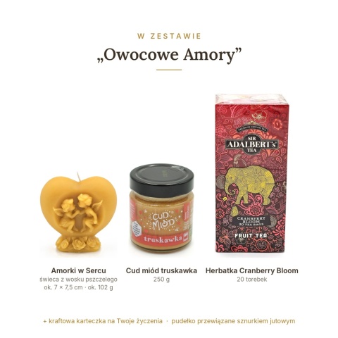 Owocowe Amory - zestaw: świeca amorki, Cud miód, herbata