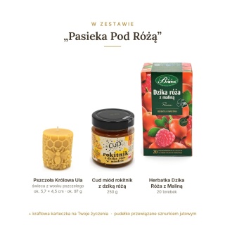 Pasieka Pod Różą - zestaw: świeca z pszczołą, Cud miód, herbatka