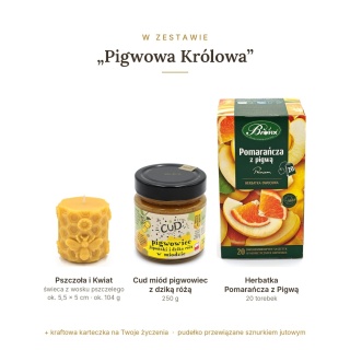 Pigwowa Królowa - zestaw: świeca pszczoła, Cud miód, herbatka