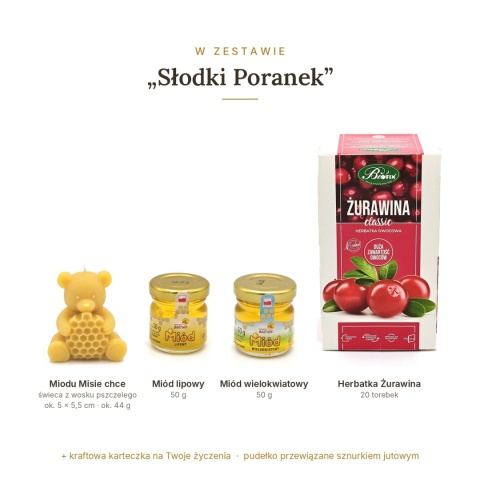 Słodki Poranek - zestaw: świeca miś, 2 miody i herbatka