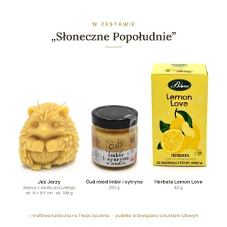 Słoneczne Popołudnie - zestaw: świeca jeż, Cud miód, herbata