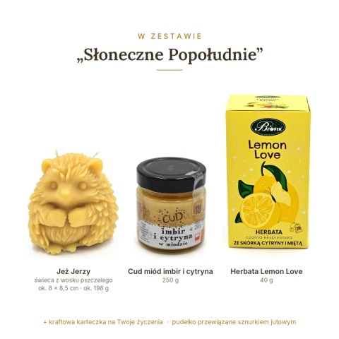 Słoneczne Popołudnie - zestaw: świeca jeż, Cud miód, herbata