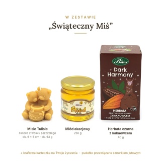 Świąteczny Miś - zestaw: świeca misie, miód akacjowy, herbata