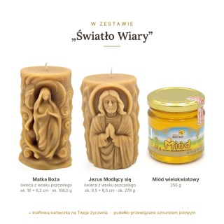 Światło Wiary - zestaw: 2 świece religijne i miód wielokwiatowy