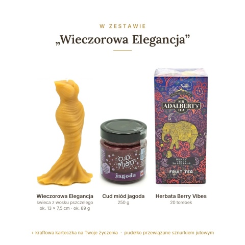 Wieczorowa Elegancja - zestaw: świeca suknia, Cud miód, herbata