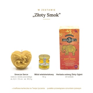 Złoty Smok - zestaw: świeca smok w sercu, miód i herbata oolong